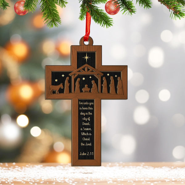 Nativity Cross Wooden Ornament